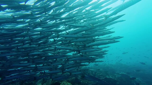 Maratua, Indonesia: Underwater footage of a large school of barracudas swirling in the water of the Chanel scuba diving site in Maratua in the Derawan islands in Indonesian Borneo.