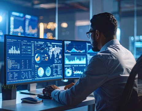 Data scientist reviewing big data with holographic globe and live analytics 
Business meeting with team viewing projected charts on digital whiteboard - Powered by Adobe