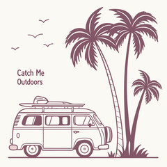 Vintage camper van palm trees surfboard summer vacation