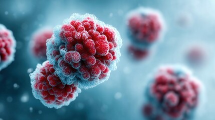 This image shows a detailed view of a cluster of red cells with a blue, frosty texture, suggesting scientific or medical context.