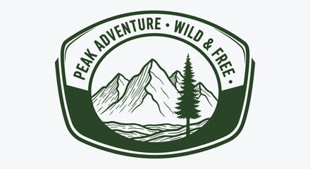 Peak Adventure Wild and Free badge logo, hand drawn mountain range with pine tree in vintage green shield shape. Outdoor hiking emblem.