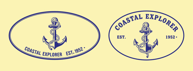 Coastal Explorer anchor badge pack, vintage blue oval emblems with rope anchor and est 1993 lettering. Classic maritime logo collection. © MH HASIB
