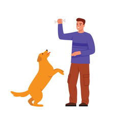 Vector illustration of a joyful boy playing with a dog. Cartoon scene of a boy holding a dog bone, a dog standing on its hind legs with its tongue sticking out isolated on a white background.