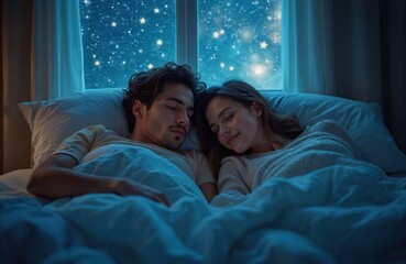 Young couple lying in bed, enjoy starry night sky. Lovers sleep together dreaming. Man, woman cozy, comfortable, enjoying each others company. Romantic bedroom interior.
