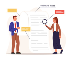 Vector illustration of reviewing corporate rules. Cartoon scene business guy and girl through magnifying glass read letter with rules, isolated on white background. Principles, work instructions.