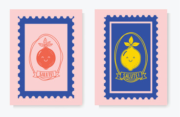 Naklejka premium Kawaii citrus postage stamp set. smiling orange and lemon characters with retro frames. Playful colorful vector design for sticker, postcard, kids branding