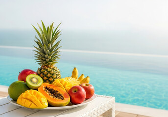 Tropical fruits the poolside with ocean view