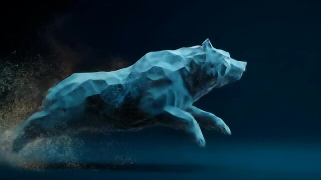 Digital polygonal wolf running with particles. Abstract cyber animal motion. Artificial intelligence future technology animation.Blurred background effect. Blur bokeh on the background.