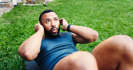 Fitness, crunches and health with man outdoor for workout, balance and challenge. Abs exercise,...