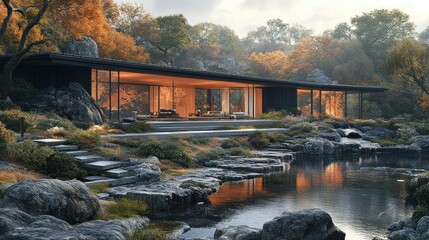 Modern minimalist home nestled in autumnal forest beside a tranquil pond