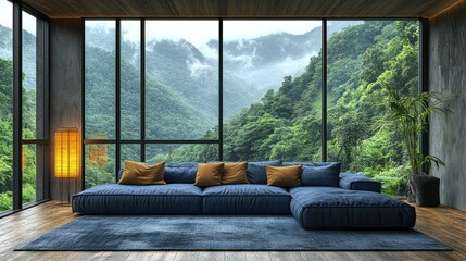 Mountain view living room with sectional sofa and floor lamp