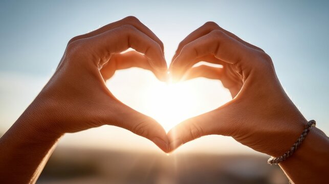 Hands forming a heart shape against a bright sunset, symbolizing love, romance, and affection. The sunlight shines brightly through.