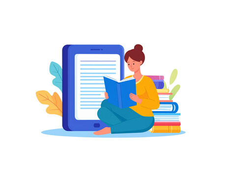 Woman Reading a Book with Digital Tablet and Stack of Books.