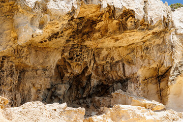 Eroded Sandstone Rock Formation in Cyprus, Close-up view of eroded sandstone cliffs with natural...