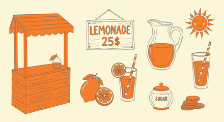 Old-fashioned lemonade stand set. Wooden booth, 25¢ sign, oranges, pitcher, straw glasses, sugar jar, cookies and cheerful sun in warm orange line
