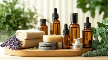 Natural skincare and spa products displayed on a wooden tray.  Herbal and aromatherapy themed