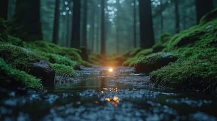 Mystical forest stream glows with light