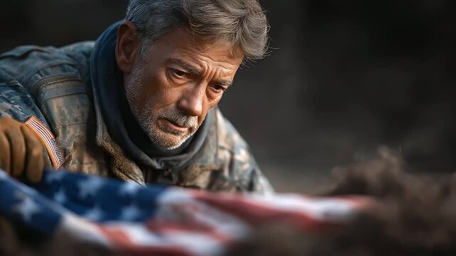 A veteran pays tribute to a fallen flag in a heartfelt parade moment.