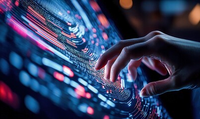 A hand interacts with a data display, representing technology, digital information, and innovation with futuristic elements.