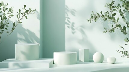 Light mint green display podiums with shadows and greenery.