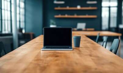 A laptop with a blank screen sits on a wooden table, accompanied by a cup, in a modern office setting.