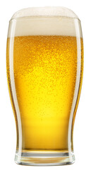 Glass of chilled light beer with beer foam and gas bubbles rising inside, isolated on white background. Clipping path.