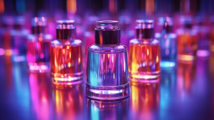 Neon-lit perfume bottles, vibrant hues, glass, reflective surface