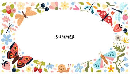 Colorful summer floral frame with butterflies, dragonflies, berries and leaves with central space. Trendy modern vector illustration isolated on white background, hand drawn, flat design