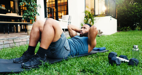 Fitness, sit up and workout with man outdoor for health, athlete and challenge. Abs exercise, training and bodybuilder with person in backyard of home for core strength, crunches and muscle wellness