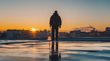 Man Cleaning Rooftop with Pressure Washer, Residential Maintenance, Urban Landscape, Sunlight, Cleaning Services.