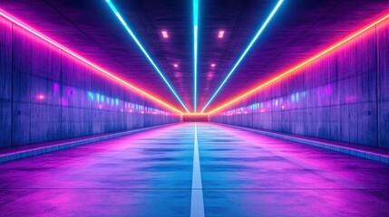 Neon-lit tunnel, vibrant colors, concrete walls, road