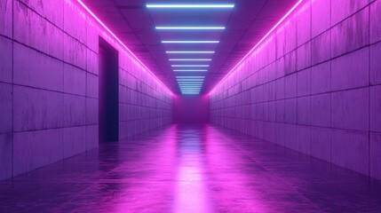 Neon-lit corridor with pink and blue hues, reflecting on glossy floor