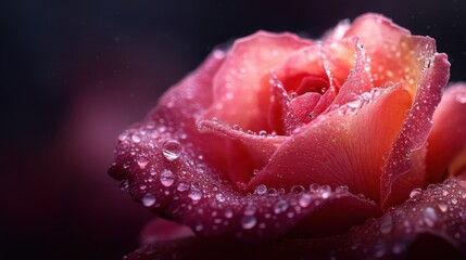 A close-up shot of a delicate pink rose adorned with glistening dew drops, highlighting its natural beauty and the romantic essence of flowers in nature.