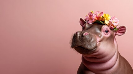 A charming hippo wearing a colorful flower crown, exuding a playful and whimsical vibe, perfect for creative projects that need a fun twist in animal imagery.
