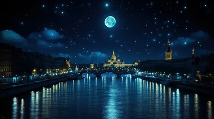 Night city, starry sky, moonlit river.  Architectural wonder at night