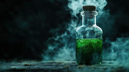 This enchanting image features a glass bottle filled with a vibrant green liquid, surrounded by mystical smoke, evoking intrigue and curiosity in the viewer.