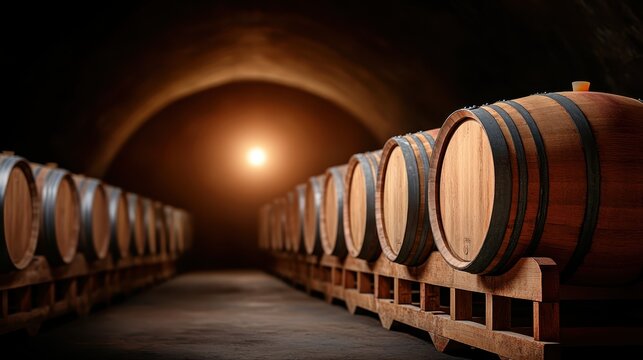 An atmospheric view of wooden barrels arranged in a dimly lit cellar, hinting at wine aging and the intricate processes of fine winemaking, evoking tradition and quality.