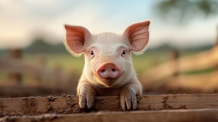 Fototapeta premium A charming piglet peeks over a wooden fence, showcasing its playful nature and cuteness against a serene farm background during beautiful daylight.