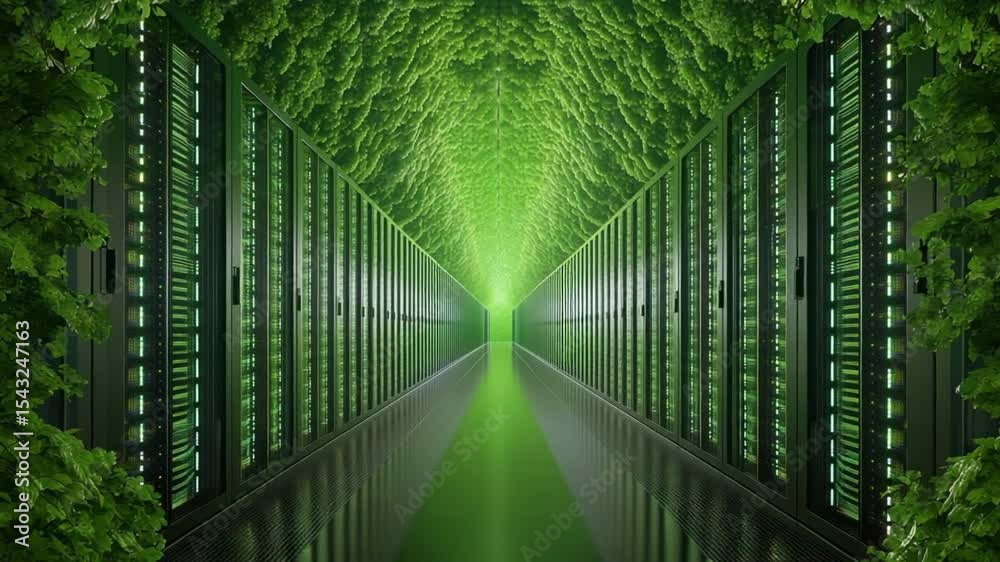 Poster green data center: a futuristic data center hallway lined with powerful servers, enveloped in lush g
