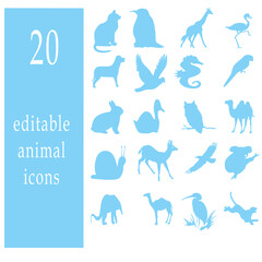 Set of 20 editable flat-style animal icons. Vector illustration in modern style. Isolated on a white background.
