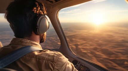 Fototapeta premium A pilot sits in the cockpit, gazing at a breathtaking sunset over expansive desert landscapes, symbolizing adventure, ambition, and the beauty of aviation.