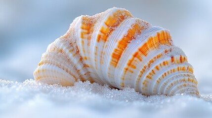 Orange and white seashell rests on white sand