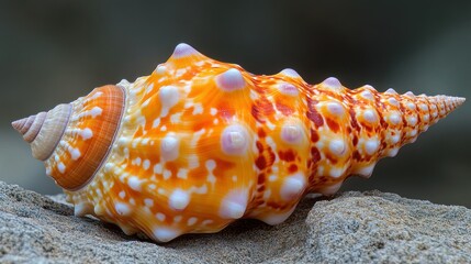 Orange and white spiral seashell with bumpy texture rests on sand