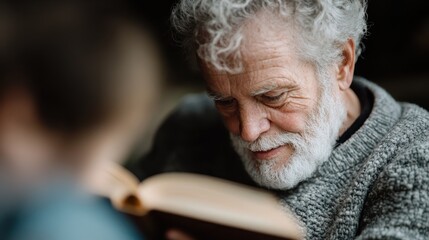 This touching image captures an elderly man lost in thought while reading a book, showcasing the bond between generations as he smiles gently at the words before him.
