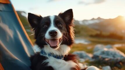 A cheerful dog lounging comfortably in nature as the sun sets, portraying freedom, joy, and the beautiful bond between pets and their owners in serene outdoor settings.