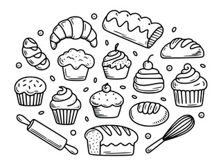 Delightful doodles of bakery treats like muffins, croissants and bread are arranged in a captivating, circular pattern, silhouette
