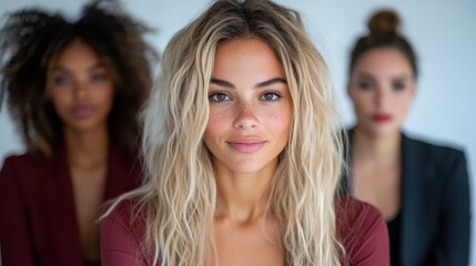 Fototapeta premium Three women with diverse hairstyles are captured in a soft-focus portrait, highlighting their natural beauty and unique styles against a blurred background.