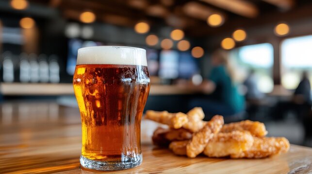 A chilled glass of beer sits on a wooden table, with delicious fried snacks nearby, creating a casual atmosphere for refreshment and relaxation.