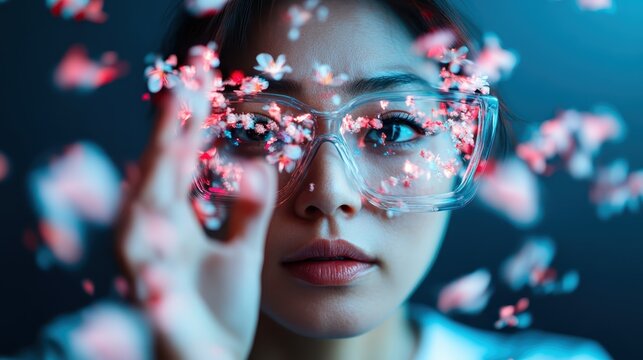 A striking close-up of a woman wearing oversized glasses, her expression is mesmerizing as petals float around her, symbolizing beauty and fragility in a dreamy, artistic setting. - Powered by Adobe