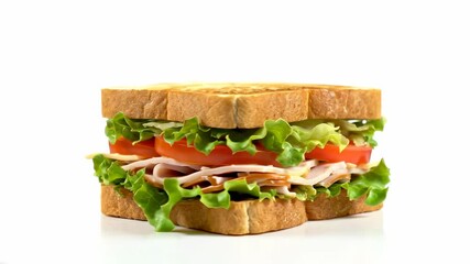 Closeup of a turkey sandwich with lettuce tomato and cheese between two slices of toasted bread - Powered by Adobe